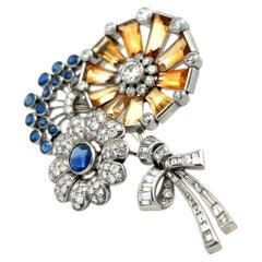 Estate 16K Gold Platinum Pin Brooch with 5ct Diamonds 3.5ct Sapphire and Citrine