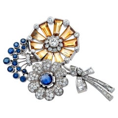 Estate 16K Gold Platinum Pin Brooch with 5ct Diamonds 3.5ct Sapphire and Citrine