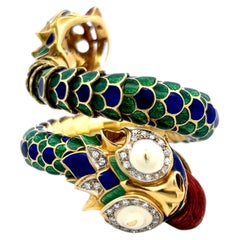 Bracelet-manchette David Webb Vintage en or jaune 18 carats avec motif de dragon émaillé, 147,5 grammes