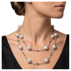 18K WG Station Necklace 6.72ct Rose Round Diamonds Pearl & 5ct Multi Gemstones