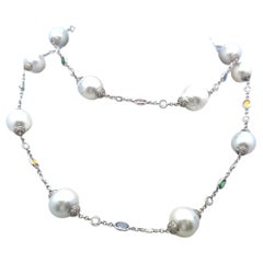 18K WG Station Necklace 6.72ct Rose Round Diamonds Pearl & 5ct Multi Gemstones