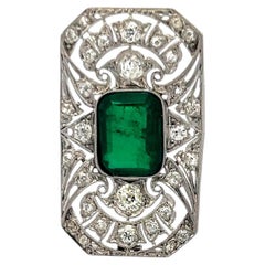 Platinum Pin Brooch with 0.74ct Old European Diamonds and 5ct Synthetic Emerald