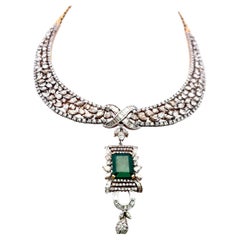 18K Yellow Gold Collar Necklace with 29.68 Carat Mixed Diamonds & 7.75ct Emerald