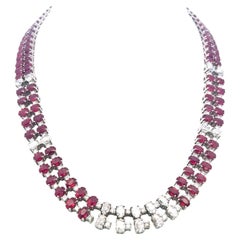 18K White Gold Riviera Necklace with 8.8ct Oval & Round Diamonds and 71ct Rubies