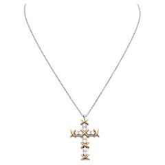 Tiffany & Co 18K Two Tone Gold Cross Pendant Necklace 0.35ct Round F VS Diamonds
