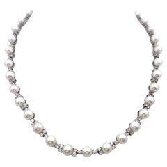 Platinum Link Necklace & Bracelet Set with 4.7ct Round F VS Diamonds and Pearls