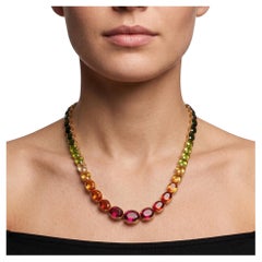 Vintage 18K Yellow Gold Riviera Necklace with 12.23-6.12 MM Multicolor Gemstones