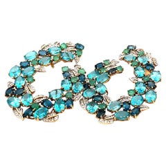 18K Two Tone Gold Dangling Earrings 0.4ct Round Diamond 2.7ct Emerald 35ct Topaz