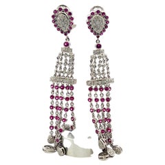 18K White Gold Dangling Earrings with 0.5 Carat Round Diamonds & 0.9 Carat Ruby