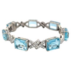 Vintage 14K White Gold Link Bracelet 3.5ct Old European Diamonds & Aquamarine