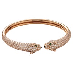Cartier 18K Yellow Gold Panthere Bangle Bracelet 3ct Round Diamonds Emerald