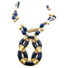 Lalaounis 18K Yellow Gold Pendant Necklace Crystal & Sodalite Beads and Slices