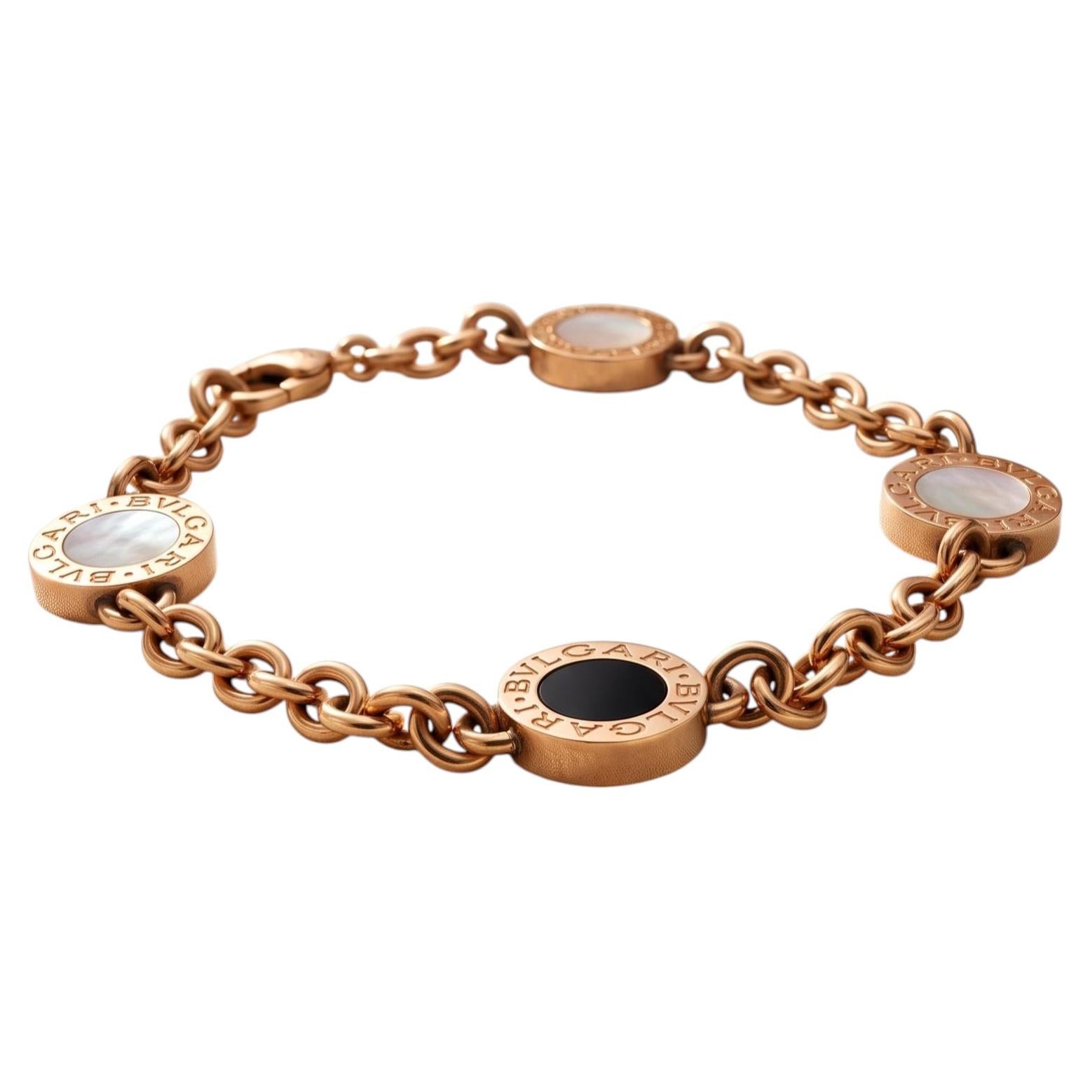 Pre-owned Bulgari Bvlgari Vintage 18 Karat Yellow Gold Link Bracelet 29.5 Grams Mop And Onyx