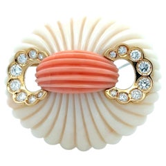 Van Cleef & Arpels 18K Yellow Gold Pin Brooch with Coral and 1.6ct Diamonds