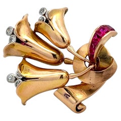 Tiffany & Co 18K Gold Platinum Pin Brooch 0.21ct Diamonds 0.66ct Ruby & Multigem