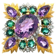 Montclair 18K YG Pin Brooch with 3.4ct Diamonds 29ct Amethysts & 8ct Tourmaline