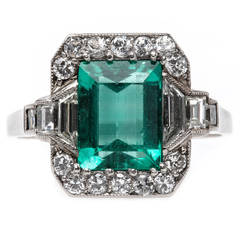 Timeless Art Deco Emerald Diamond Platinum Engagement Ring