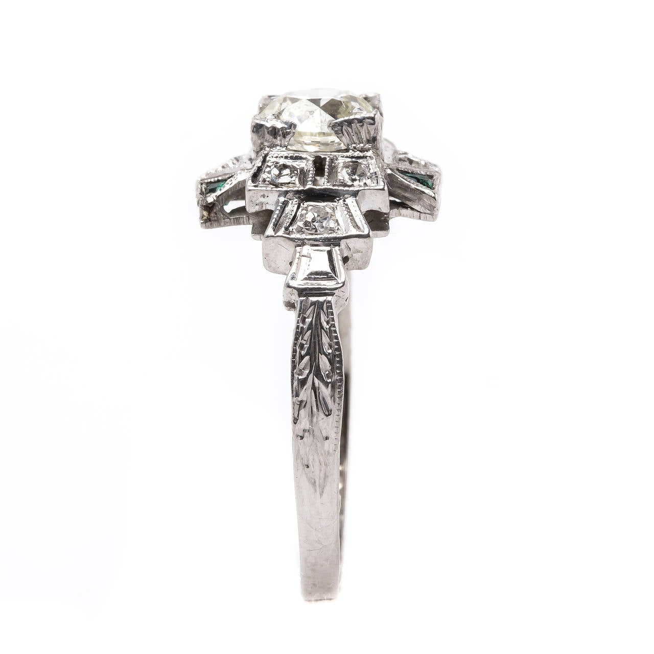 Late Art Deco .88 Carat Emerald Diamond Engagement Ring 1