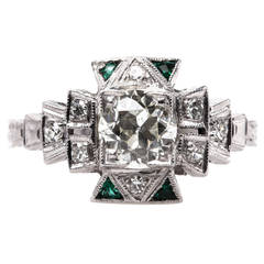 Late Art Deco .88 Carat Emerald Diamond Engagement Ring