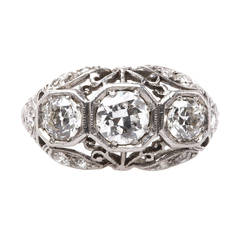 Romantic Edwardian Three Stone Diamond Platinum Engagement Ring