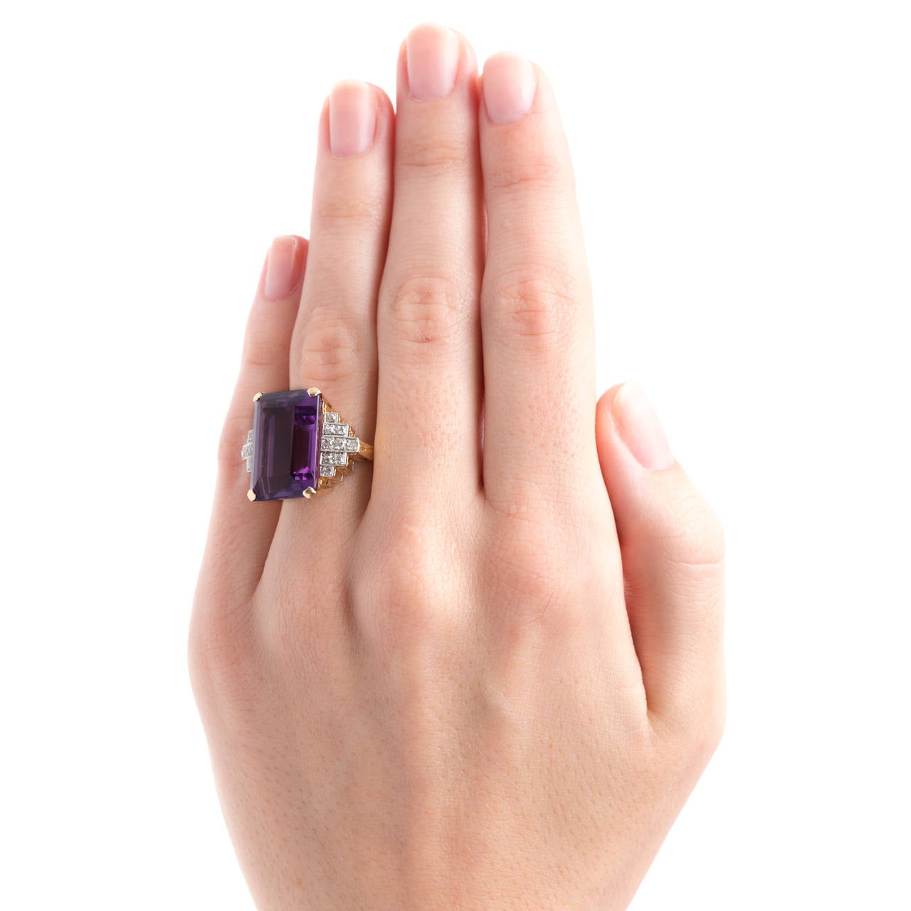 Mid Century Amethyst Diamond Gold Cocktail Ring