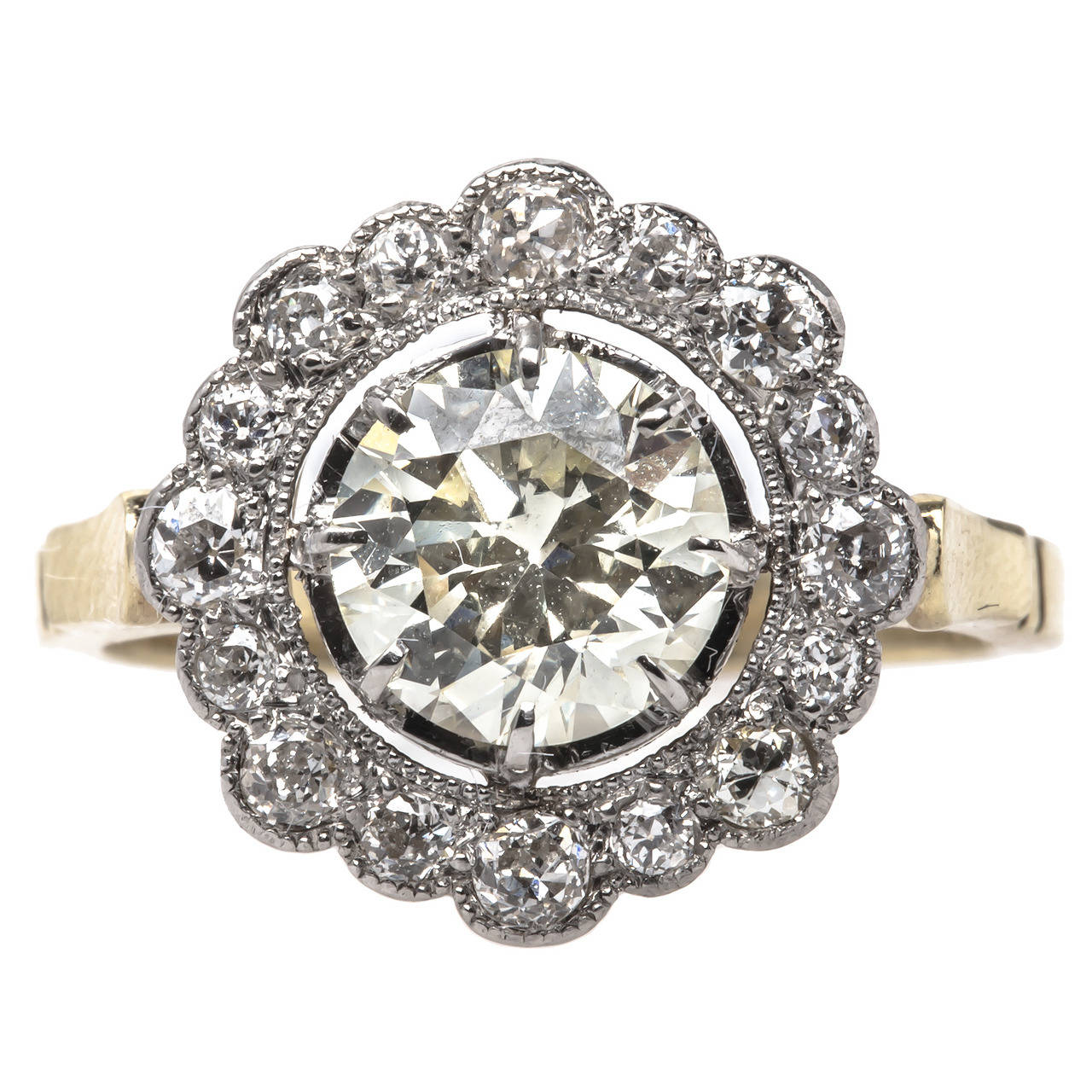 Stunning Edwardian 1.59 Carat Diamond Gold Platinum Halo Engagement Ring