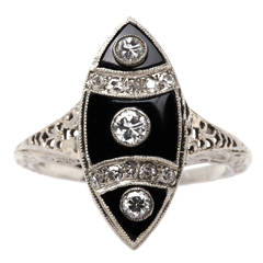 Art Deco Onyx Diamond Gold Navette Ring