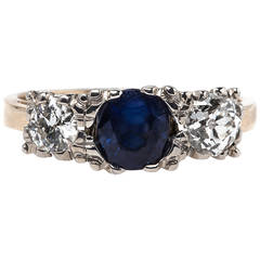 Victorian Mixed Metal Sapphire Diamond Gold Engagement Ring