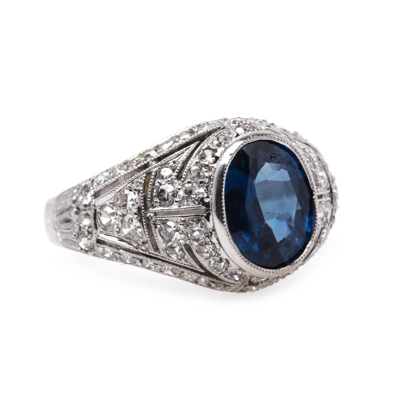 Edwardian Era Sapphire Diamond Platinum Bombe  Engagement Ring