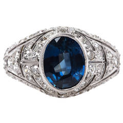 Edwardian Era Sapphire Diamond Platinum Bombe  Engagement Ring