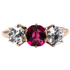 Victorian Three Stone Spinel Diamond Gold Engagement Ring