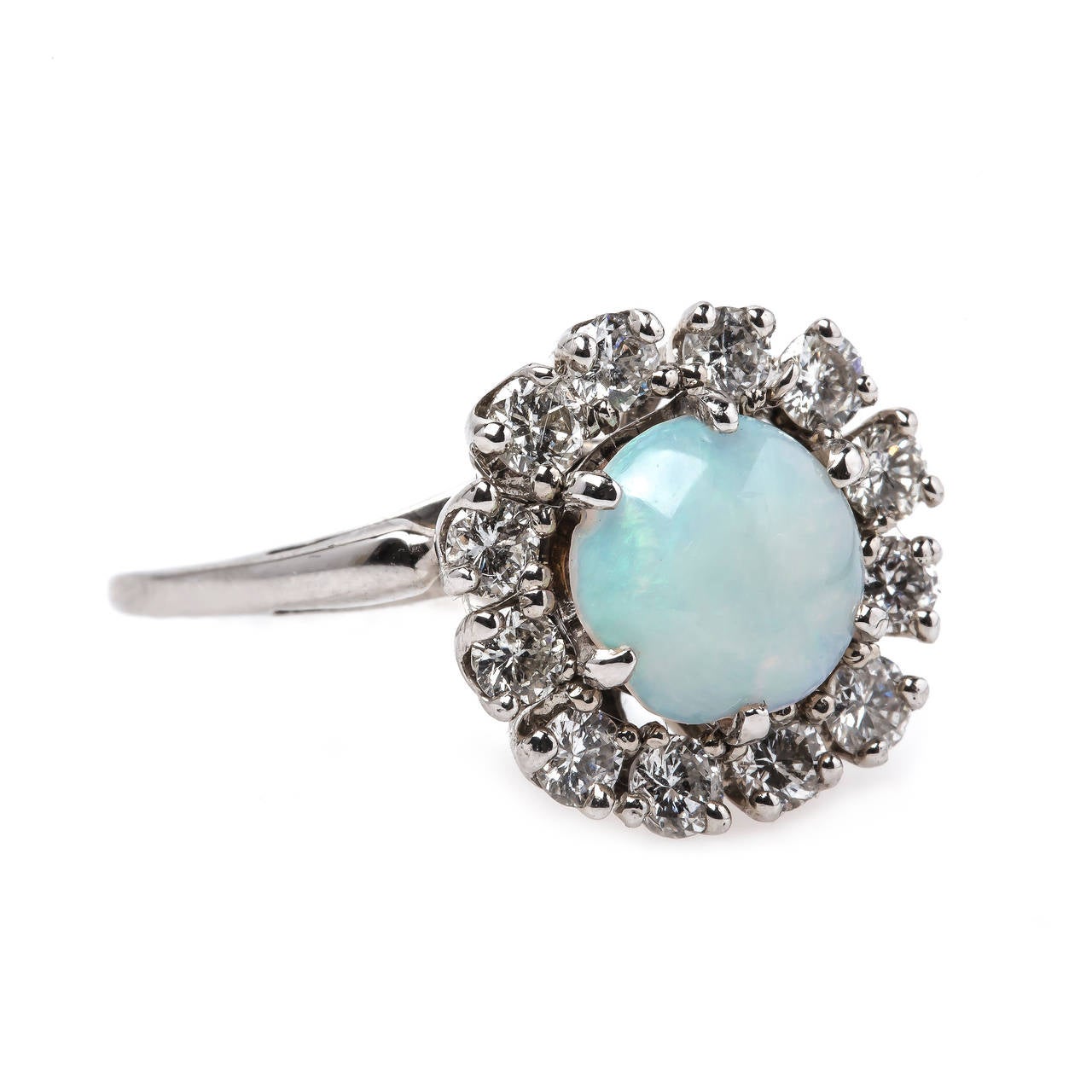 Modern Classic Mid-Century Opal Engagement Ring with Diamond Halo