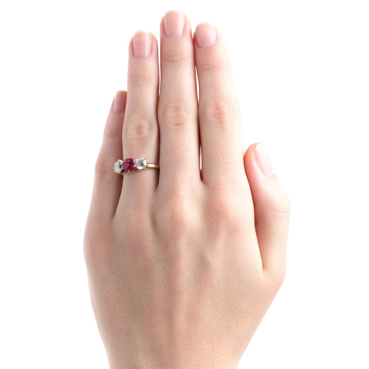 Victorian Three Stone Spinel Diamond Gold Engagement Ring 1