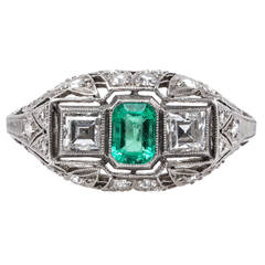 Exceptional Edwardian Era Emerald Diamond Platinum Engagement Ring
