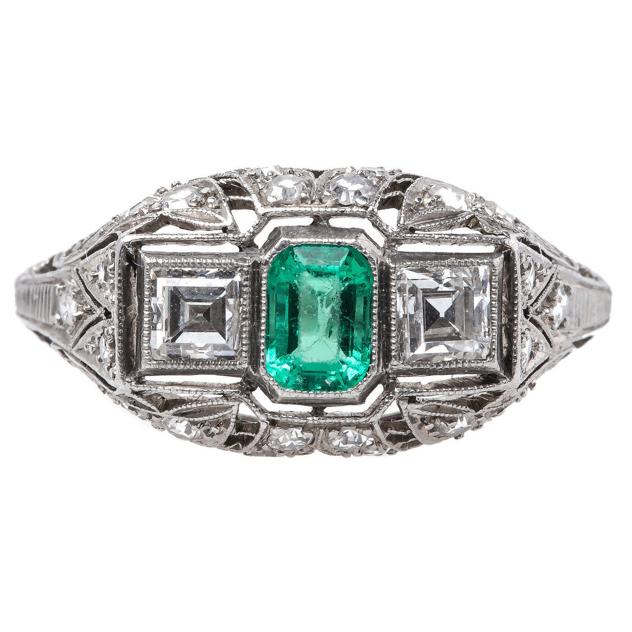 Exceptional Edwardian Era Emerald Diamond Platinum Engagement Ring