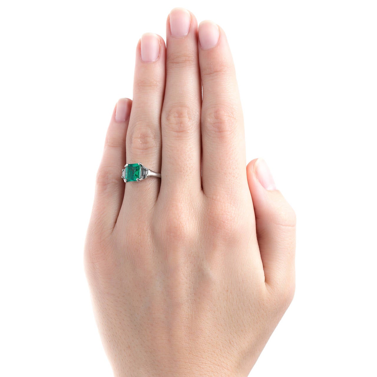 Modern Chic Mid-Century Emerald Diamond Platinum Engagement Ring