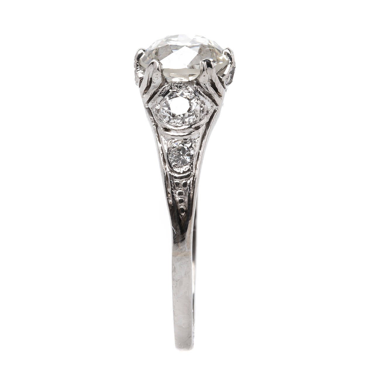 Radiant Early Art Deco Diamond Platinum Engagement Ring In Excellent Condition In Los Angeles, CA