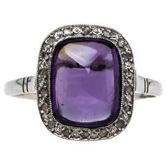 Antique Art Deco Sugarloaf Cabochon Amethyst Rose Cut Diamond Platinum Engagement Ring