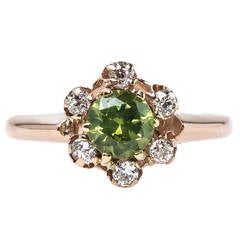 Antique Unique Victorian Era Demantoid Garnet Diamond Gold Halo Engagement Ring