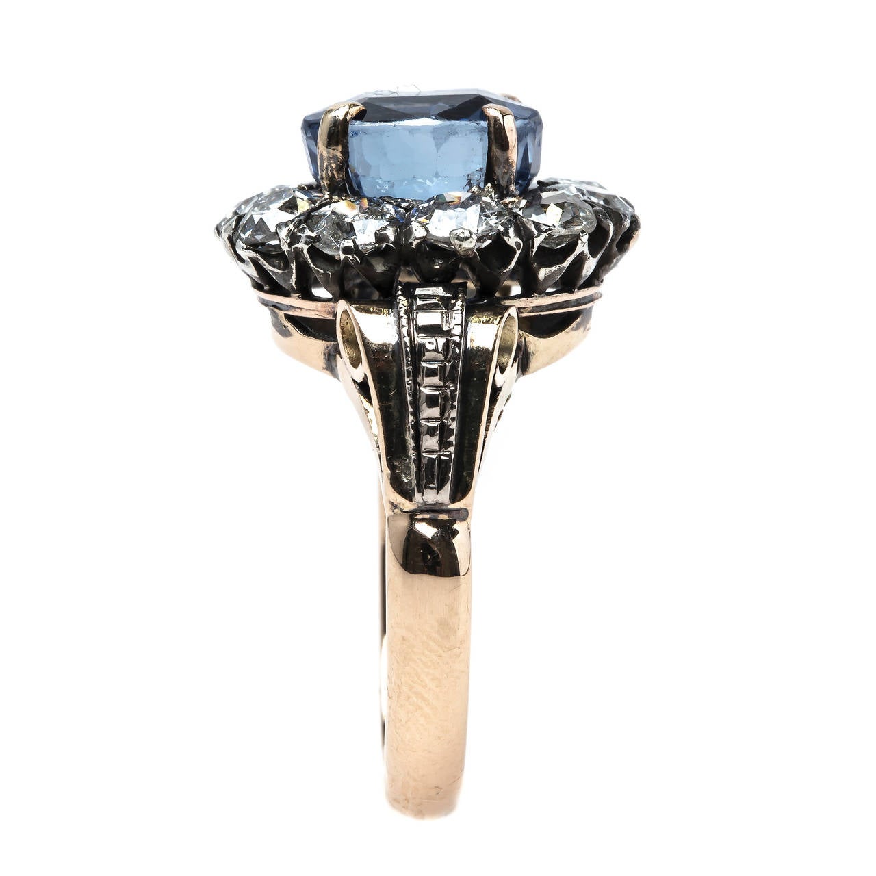 Women's Sapphire Engagement Ring with Old Mine Cut Diamond Halo