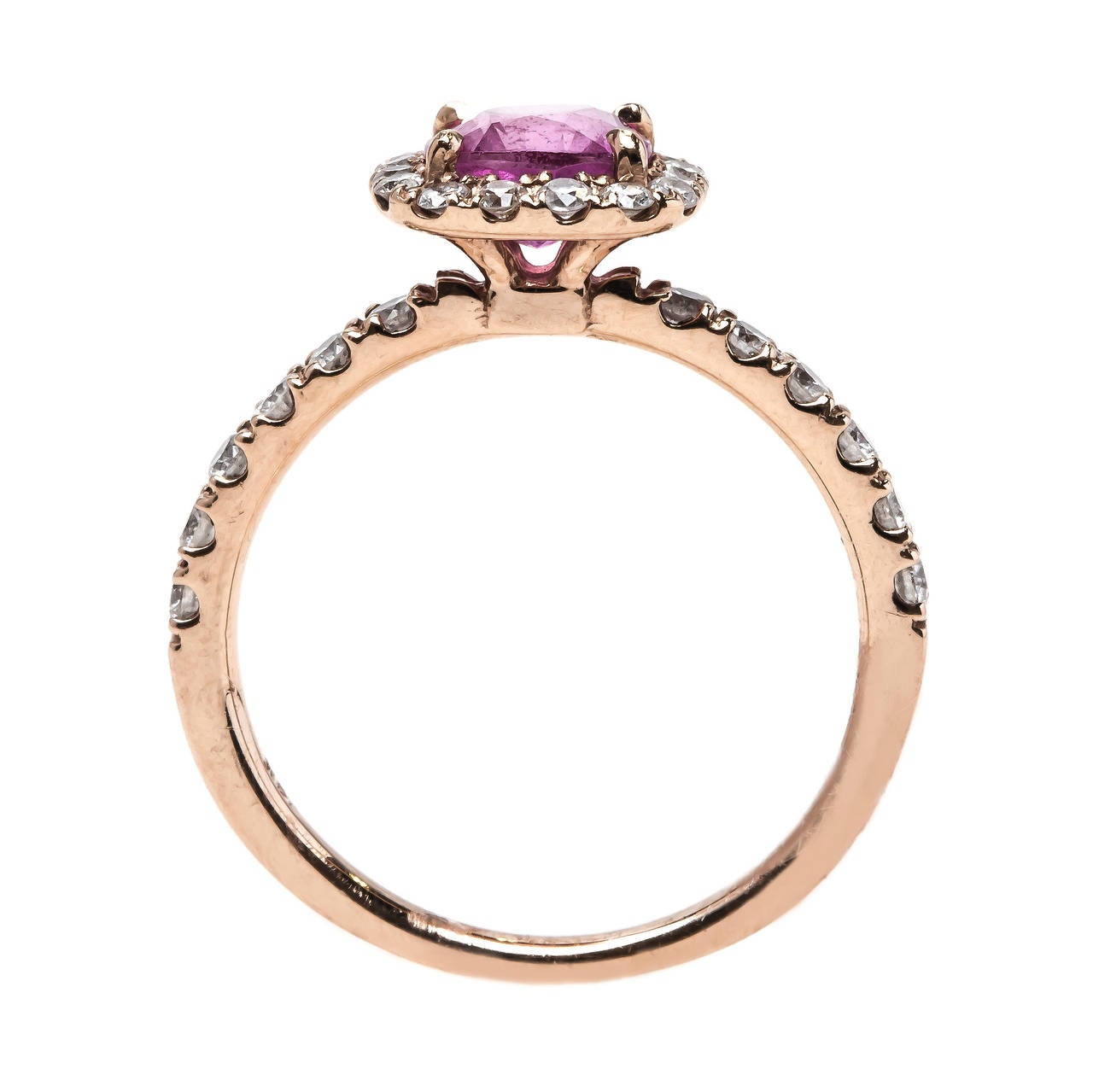 Contemporary Bubblegum Pink Sapphire Diamond Gold Halo Engagement Ring 1