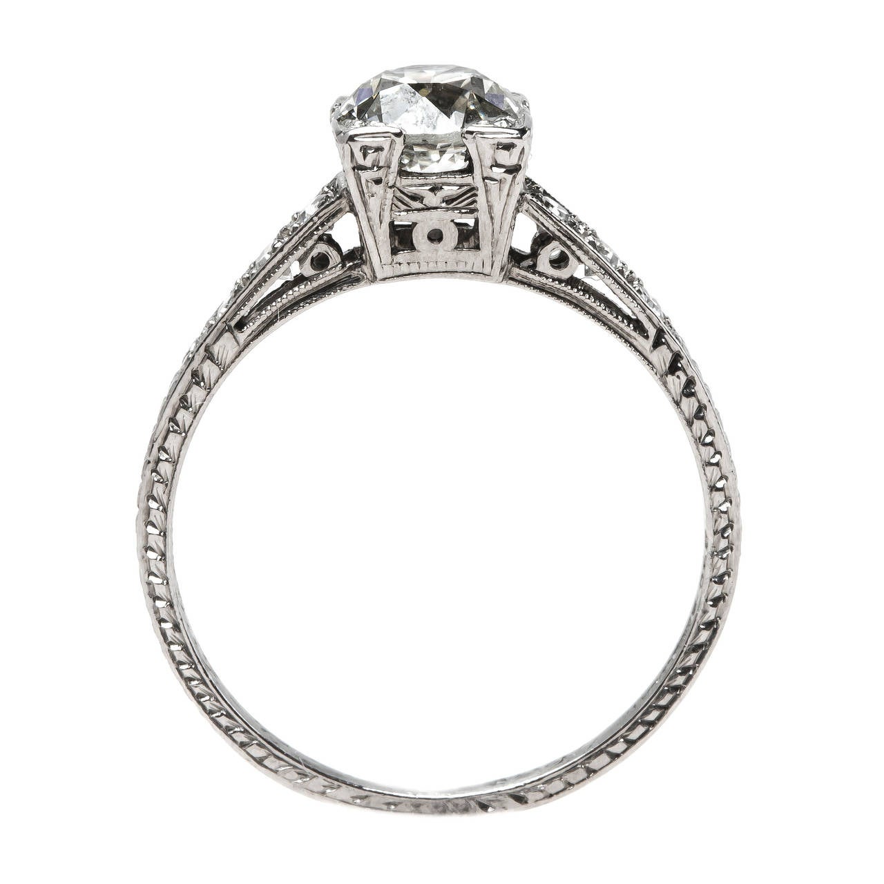 Timeless Engraved Art Deco Platinum Engagement Ring In Excellent Condition In Los Angeles, CA