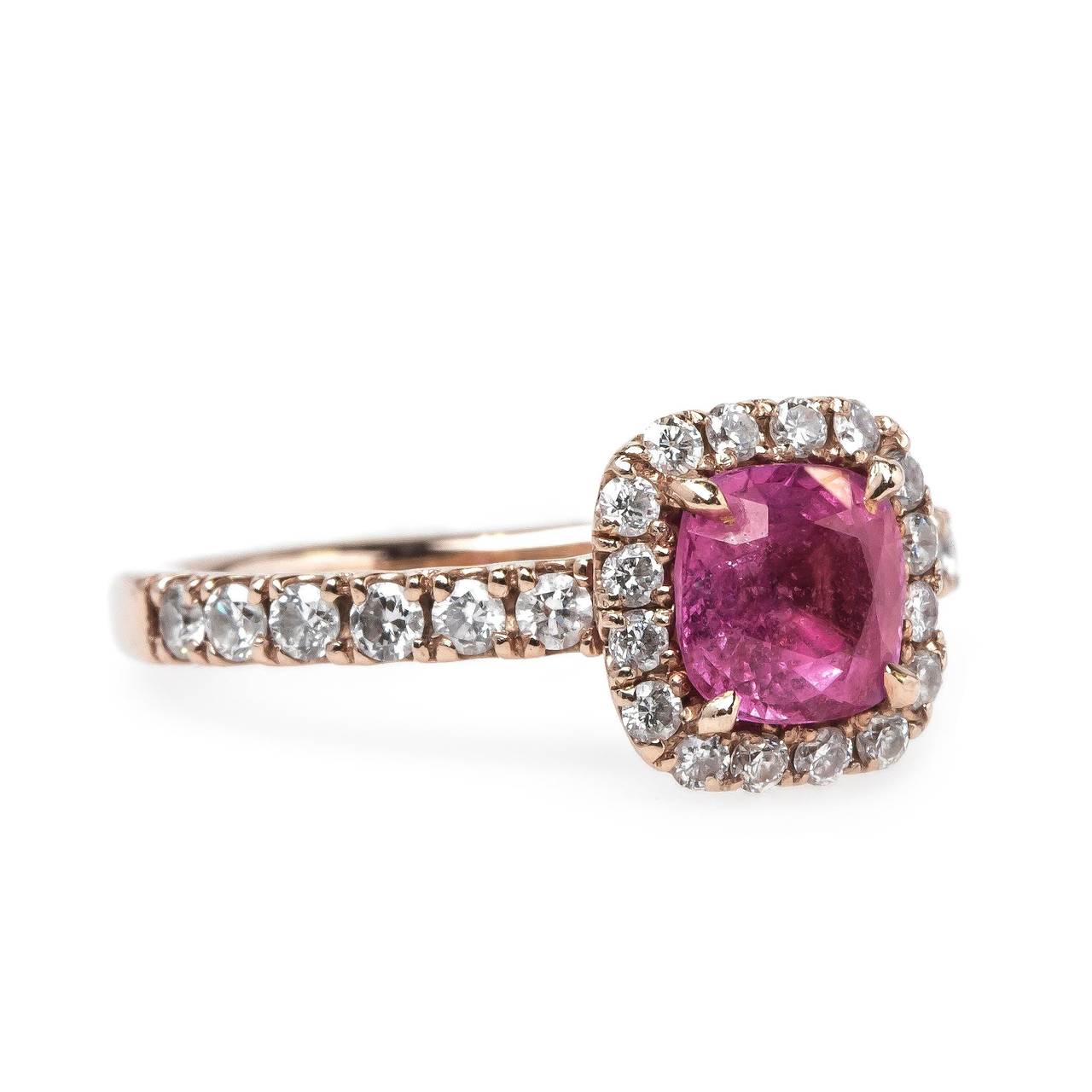 Contemporary Bubblegum Pink Sapphire Diamond Gold Halo Engagement Ring In Excellent Condition In Los Angeles, CA