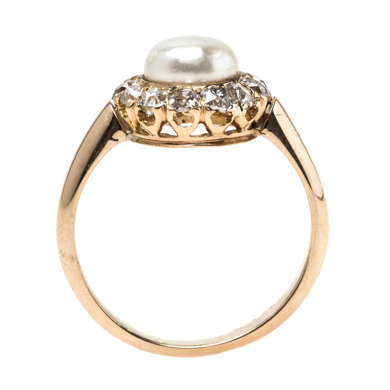 Victorian Gold Ring with Pearl Center and Old Mine Cut Diamond Halo 1