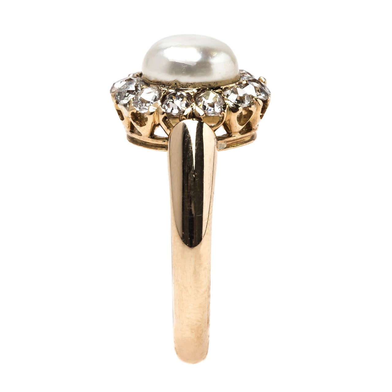 Women's Victorian Gold Ring with Pearl Center and Old Mine Cut Diamond Halo