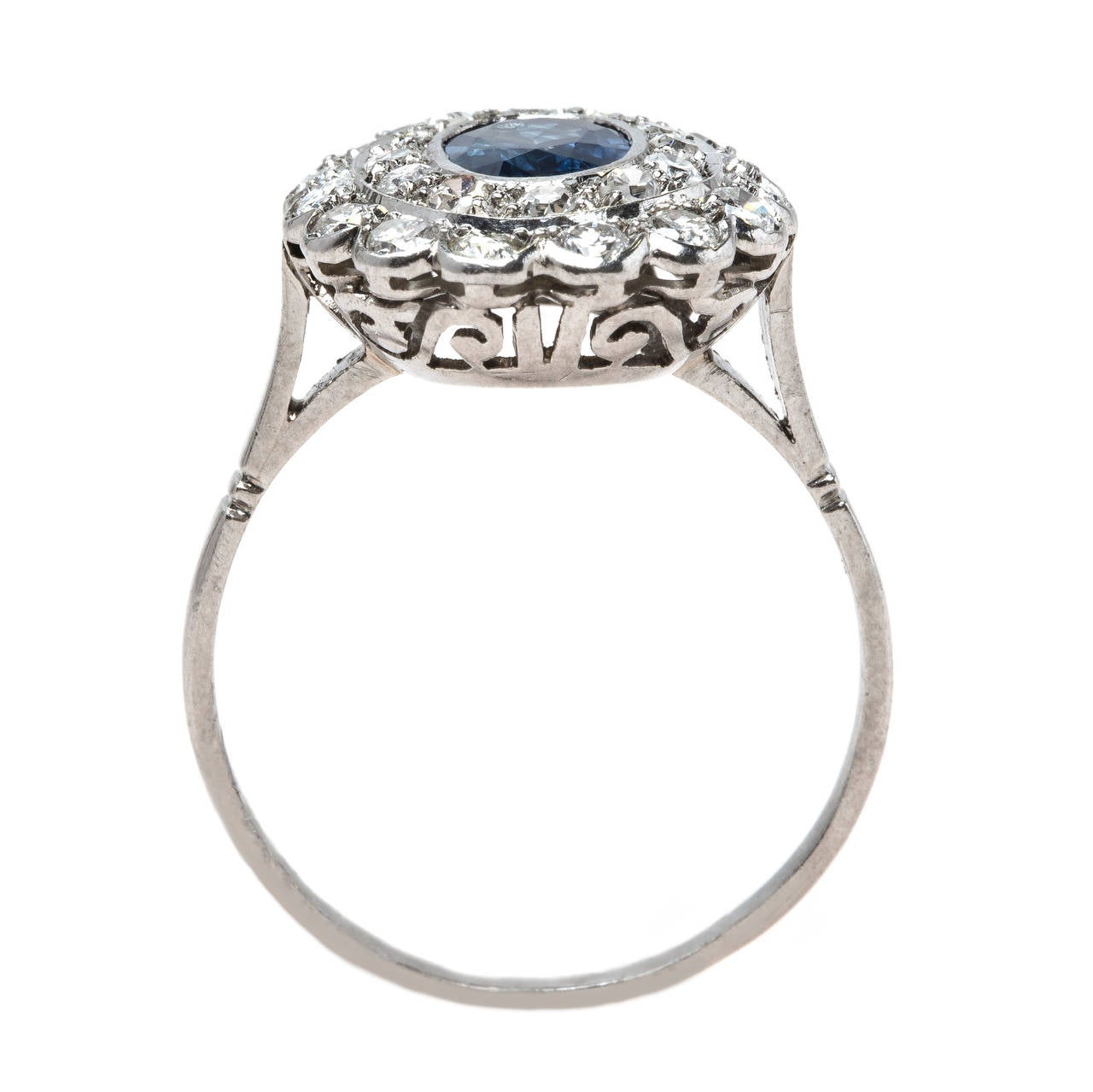 Art Deco Show-Stopping Natural Sapphire Double Diamond Platinum Halo Ring