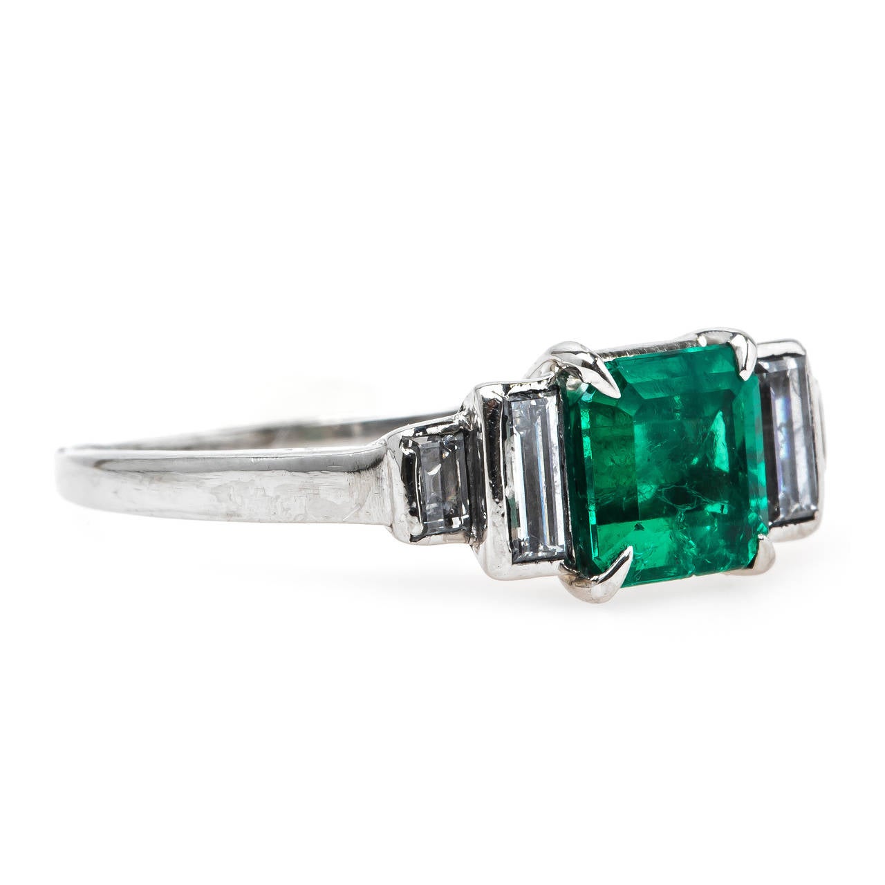 Modern Majestic Mid-Century Columbian Emerald Diamond Platinum Engagement Ring