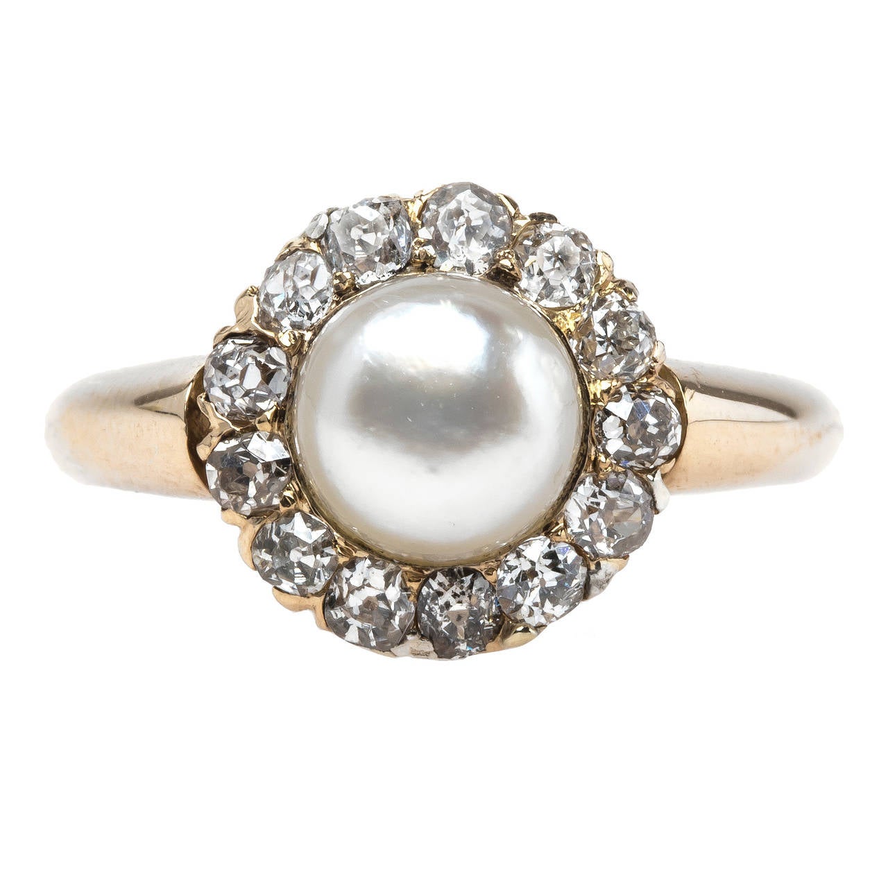 Victorian Gold Ring with Pearl Center and Old Mine Cut Diamond Halo