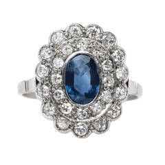 Show-Stopping Natural Sapphire Double Diamond Platinum Halo Ring