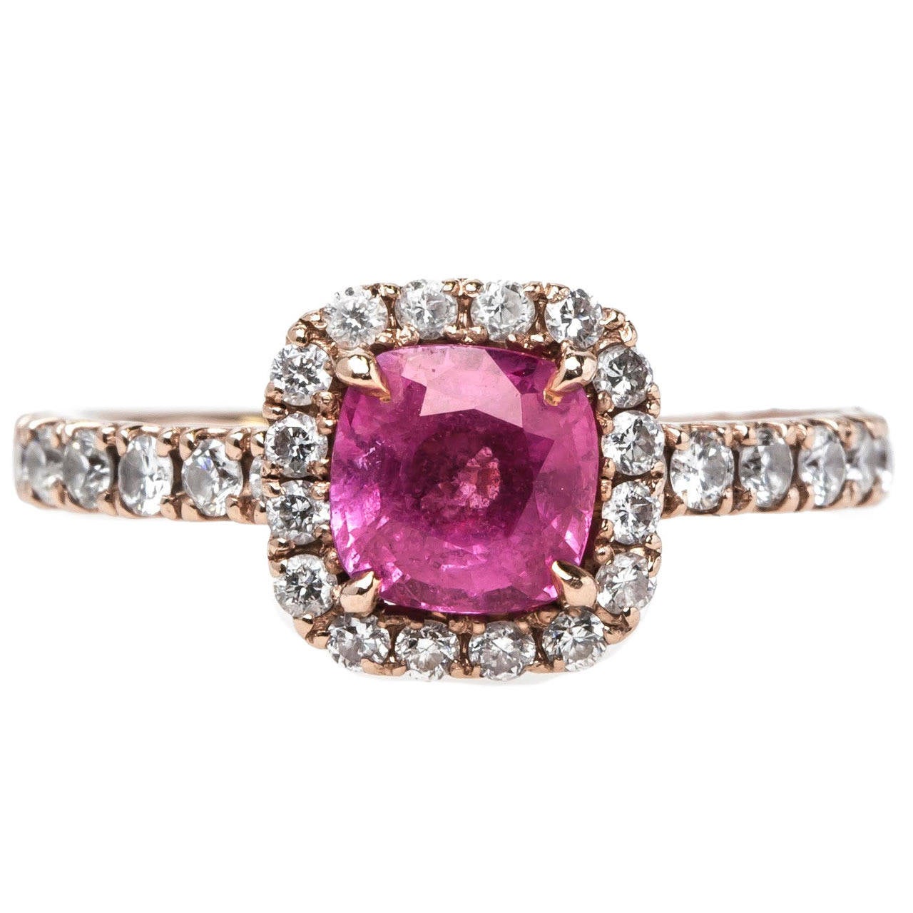 Contemporary Bubblegum Pink Sapphire Diamond Gold Halo Engagement Ring